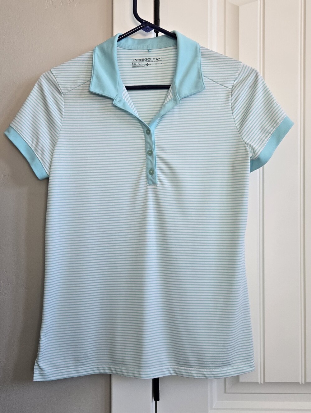 Nike Women's Light Aqua Striped Button-Down Polo